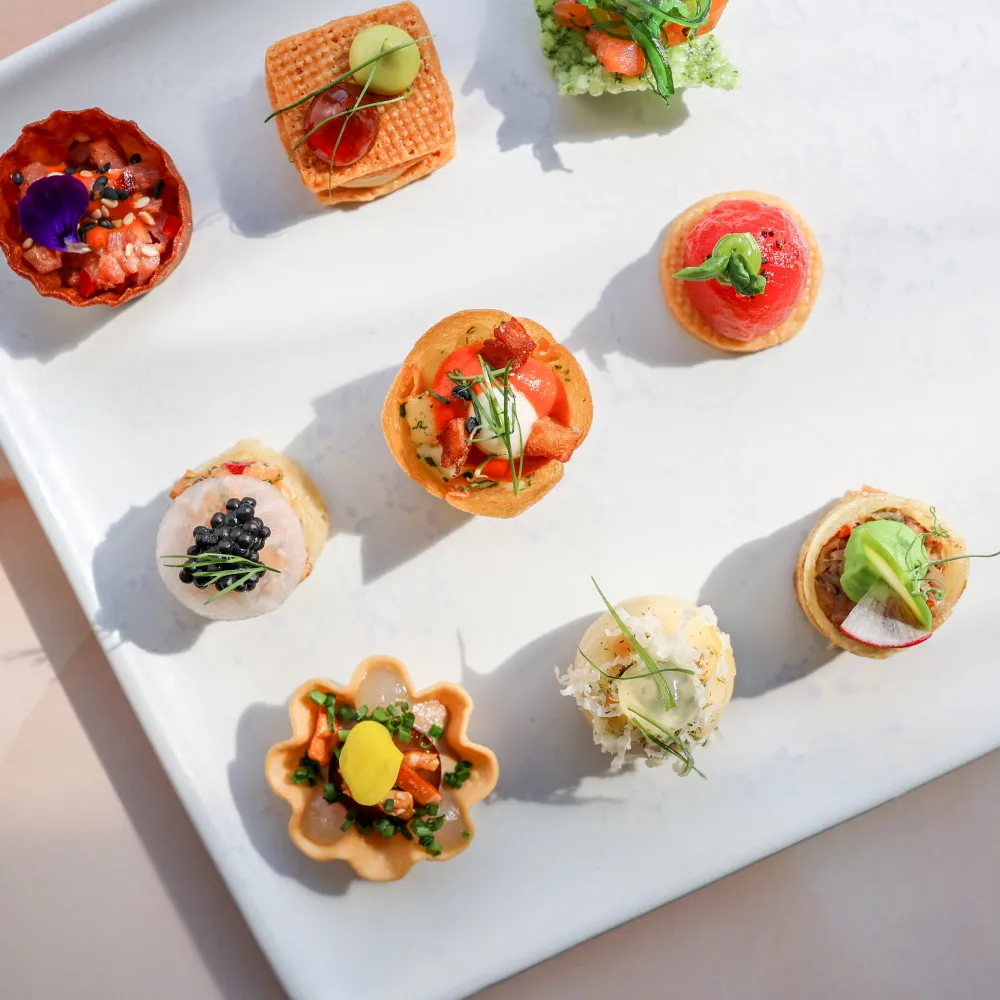 Selection of canapés from the spring summer 2026 menu of Rhubarb