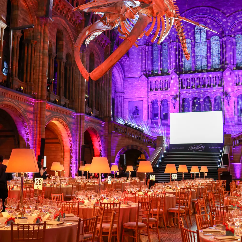 Dinner setup in Hintze Hall at the Natural History Museum, featuring round banquet tables, warm lighting, and the iconic suspended blue whale skeleton overhead