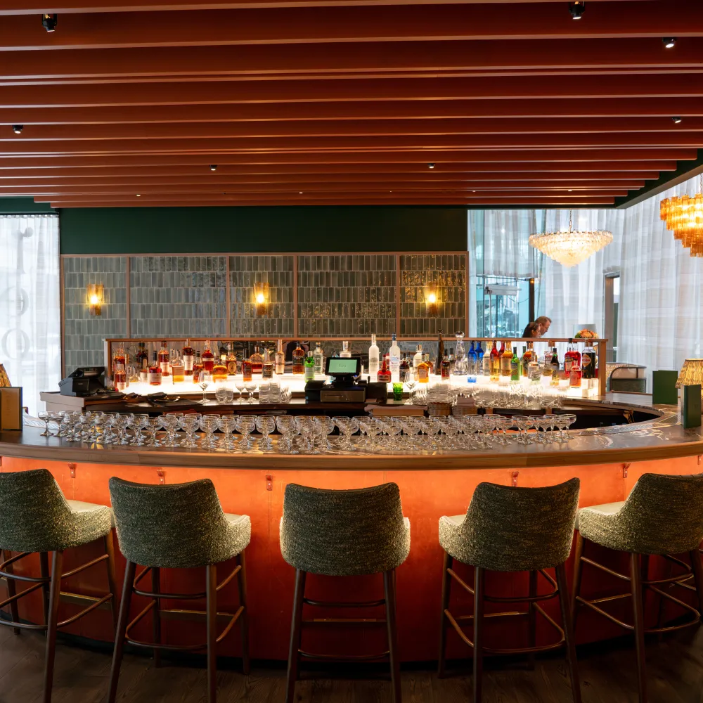Stylish bar and seating area at the Leo restaurant