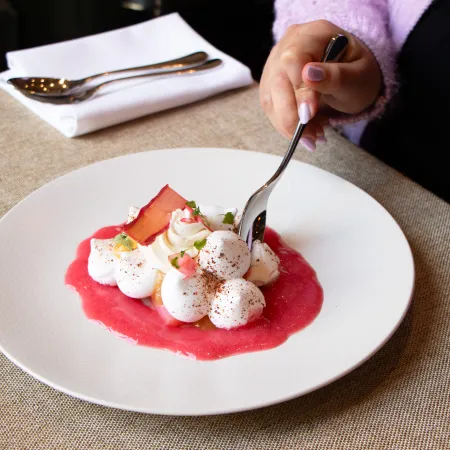 dessert served on a white plate at The Elgar Room