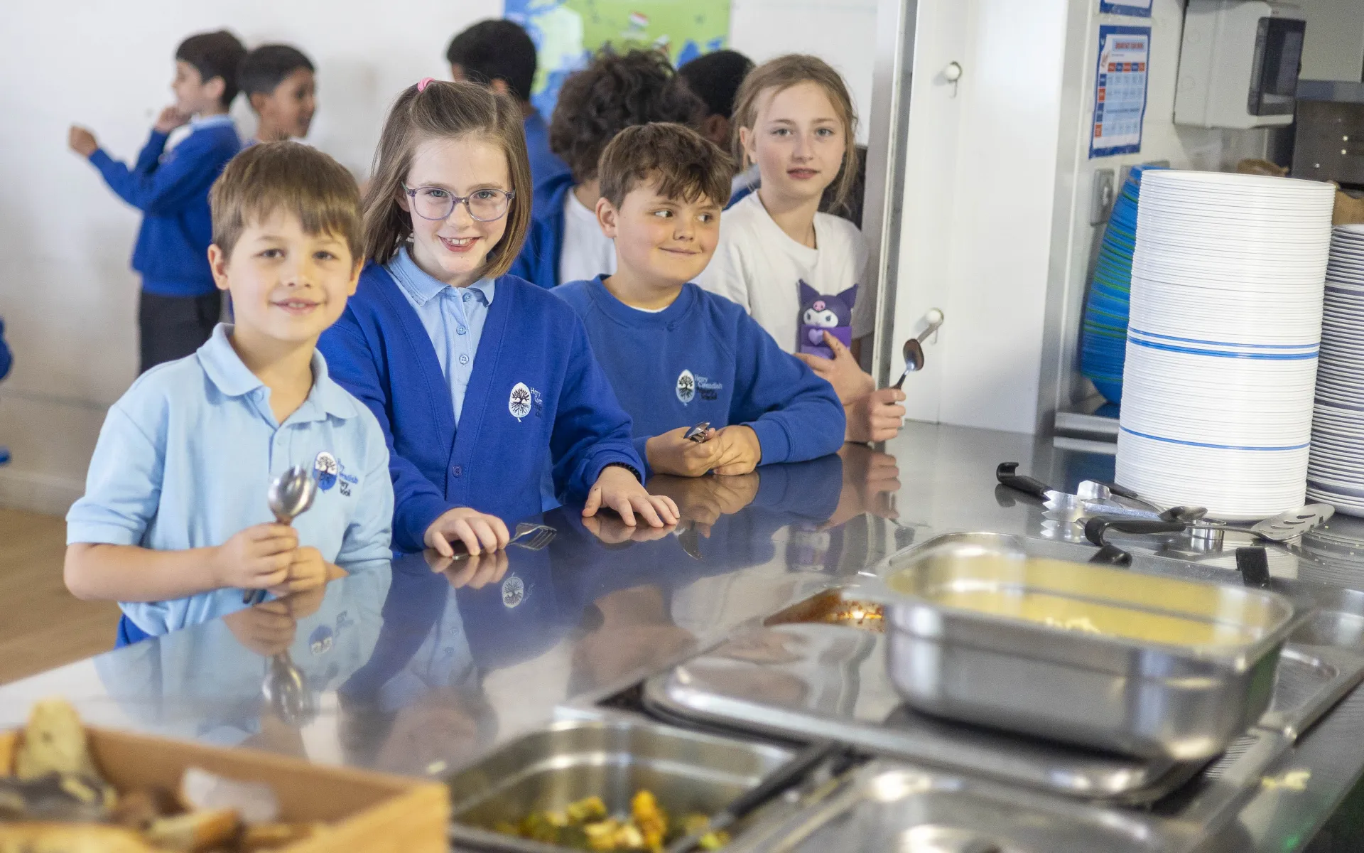 School Children waiting for school dinners. Partnership with Chefs in Schools