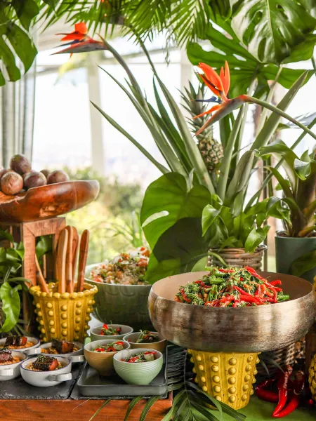 food stall with food and plants
