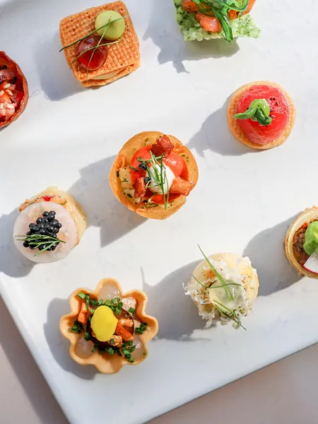 Selection of canapés from the spring summer 2026 menu of Rhubarb