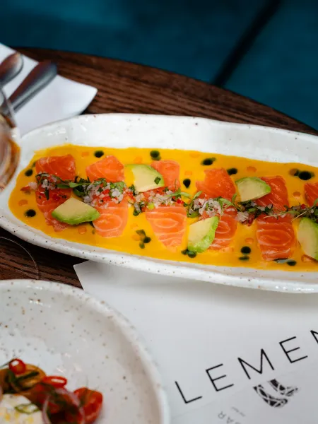 raw salmon as a starter on the table with a menu inside the elemente hamburg