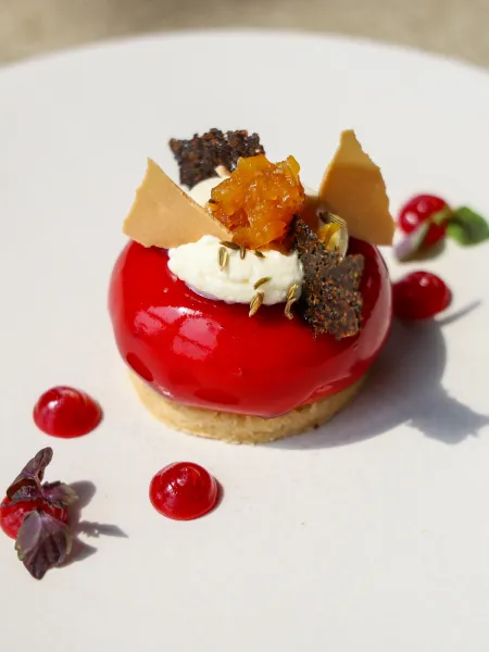dessert served on a white plate at The Elgar Room