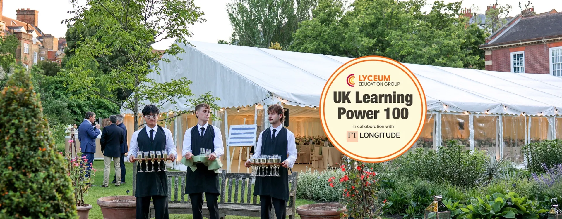 Chelsea physic garden - staff waiters holding drinks trays - Logo of Uk Leaning Power 100