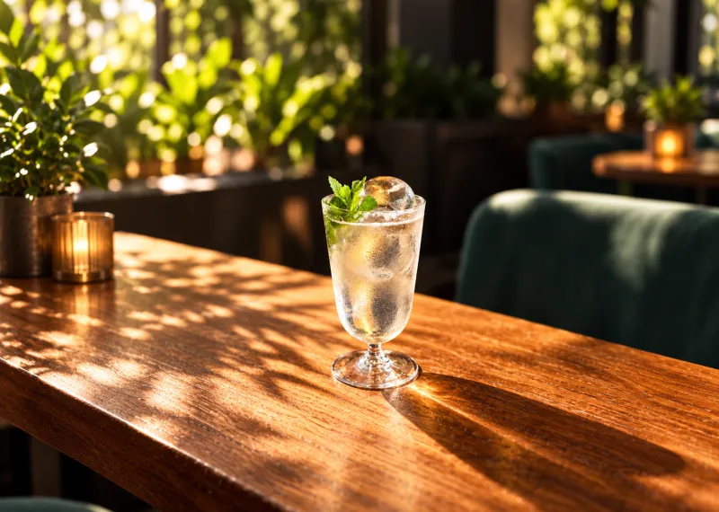 Cocktail on bar at Sky Garden Fenchurch. Zero waste soda. Zero waste week 2026