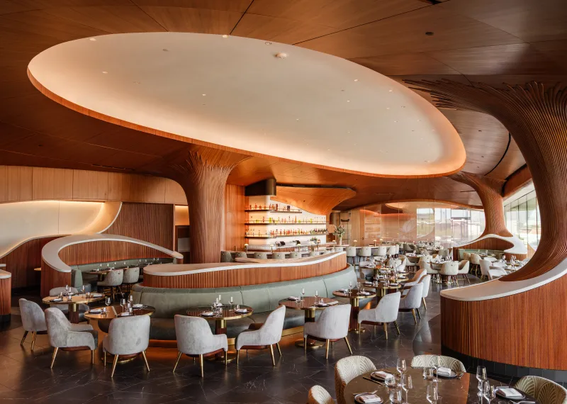 Skywalker Grill restaurant interior with curved wooden ceilings, contemporary seating and a central bar with illuminated bottle displays.