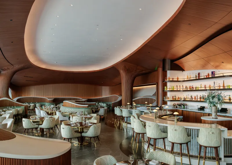 Skywalker Grill restaurant interior with curved wooden ceilings, contemporary seating and a central bar with illuminated bottle displays.